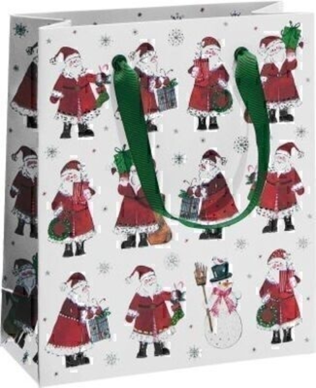 White Christmas gift bag with red Santa design and green ribbon handles Flurin by Swiss designer Stewo. This quality gift bag by Swiss designer Stewo will not disappoint. It has all the quality and detailing you would expect from Stewo. This gift bag is m